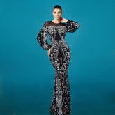 Vestido de noche de alta calidad con escote redondo, manga larga y lentejuelas, corte tubo y cola de pez para dama de honor.